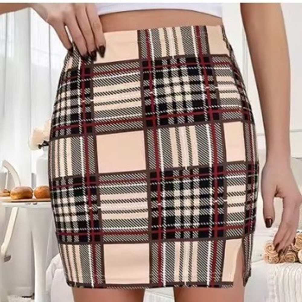 SHEIN Plaid Side Slit Bodycon Mini Skirt Womens XS Tan Red Dark Academia Stretch
